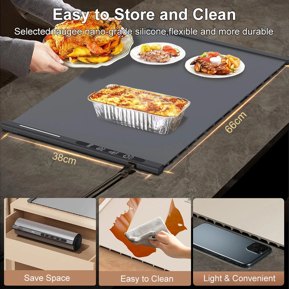 TrariLovi Electric Warming Tray Rollable Silicone 8-Temp 8H Timer 10-Sec Heat Splash-Proof