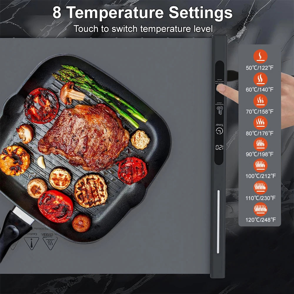 TrariLovi Electric Warming Tray Rollable Silicone 8-Temp 8H Timer 10-Sec Heat Splash-Proof