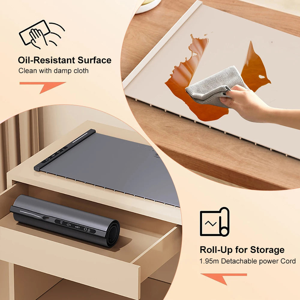 TrariLovi Electric Warming Tray Rollable Silicone 8-Temp 8H Timer 10-Sec Heat Splash-Proof