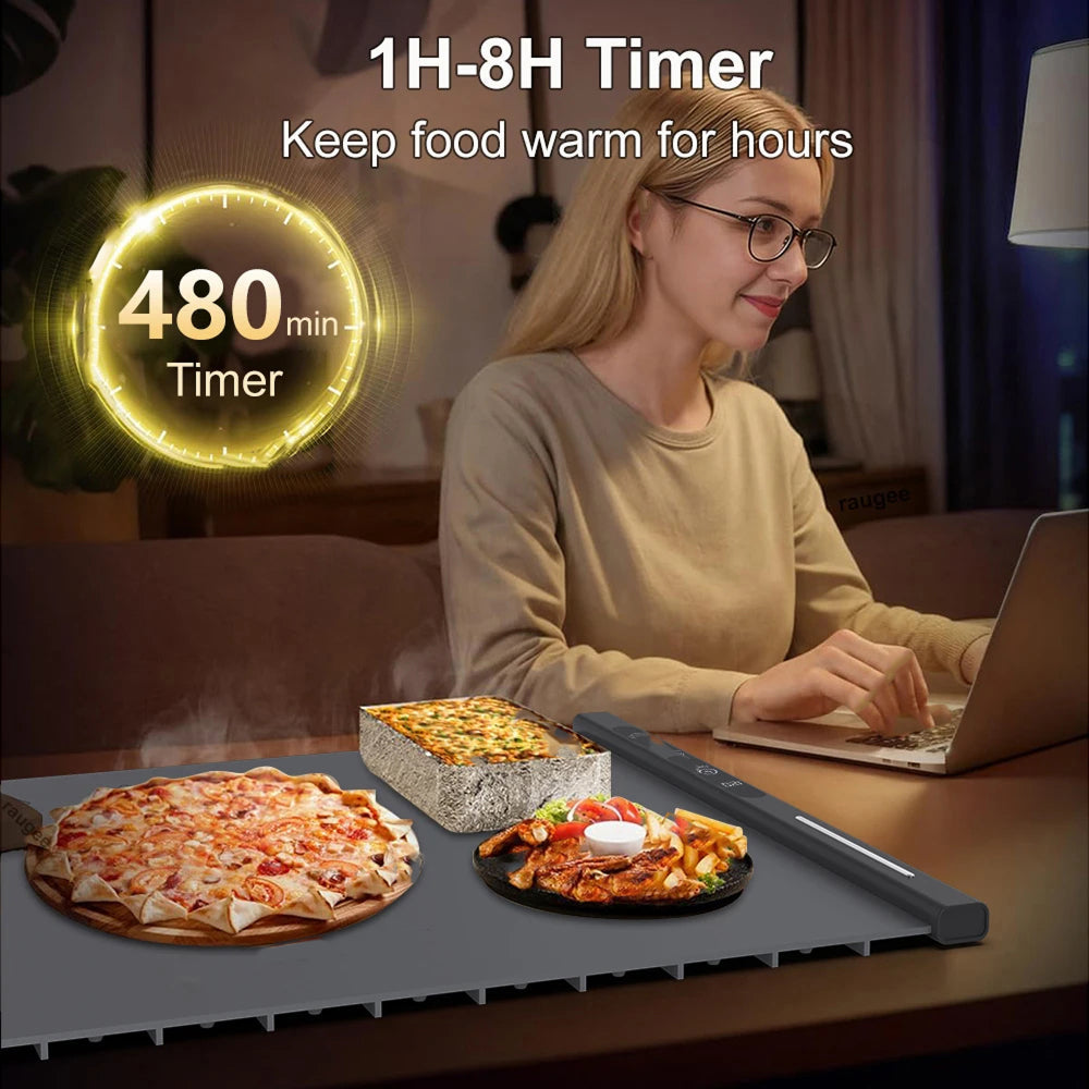 TrariLovi Electric Warming Tray Rollable Silicone 8-Temp 8H Timer 10-Sec Heat Splash-Proof