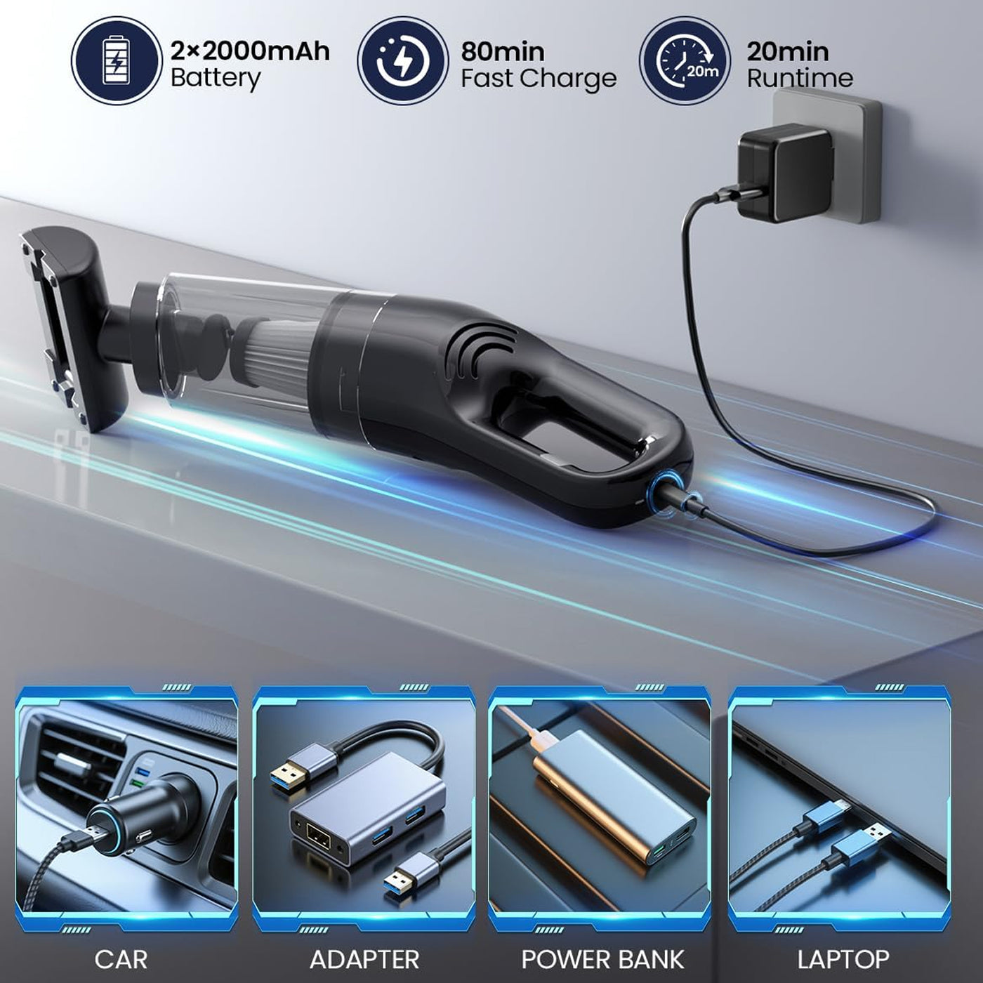 VamixLi Cordless Handheld Vacuum 26,000 PA Suction 80-Min Fast Charge Under 500g Portable