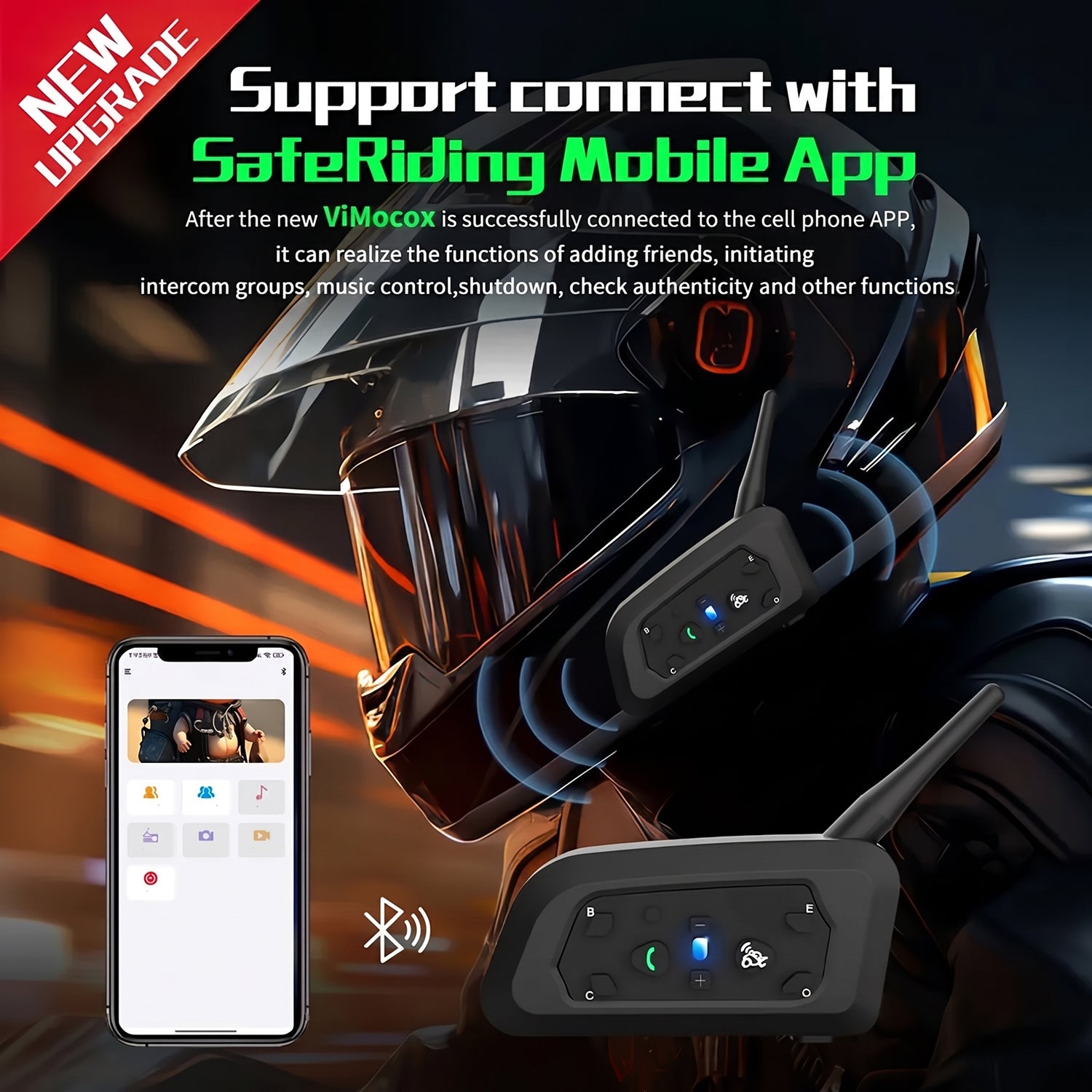 ViMocox Motorcycle Bluetooth Intercom 800m Range IP67 Waterproof 6-Rider Headset
