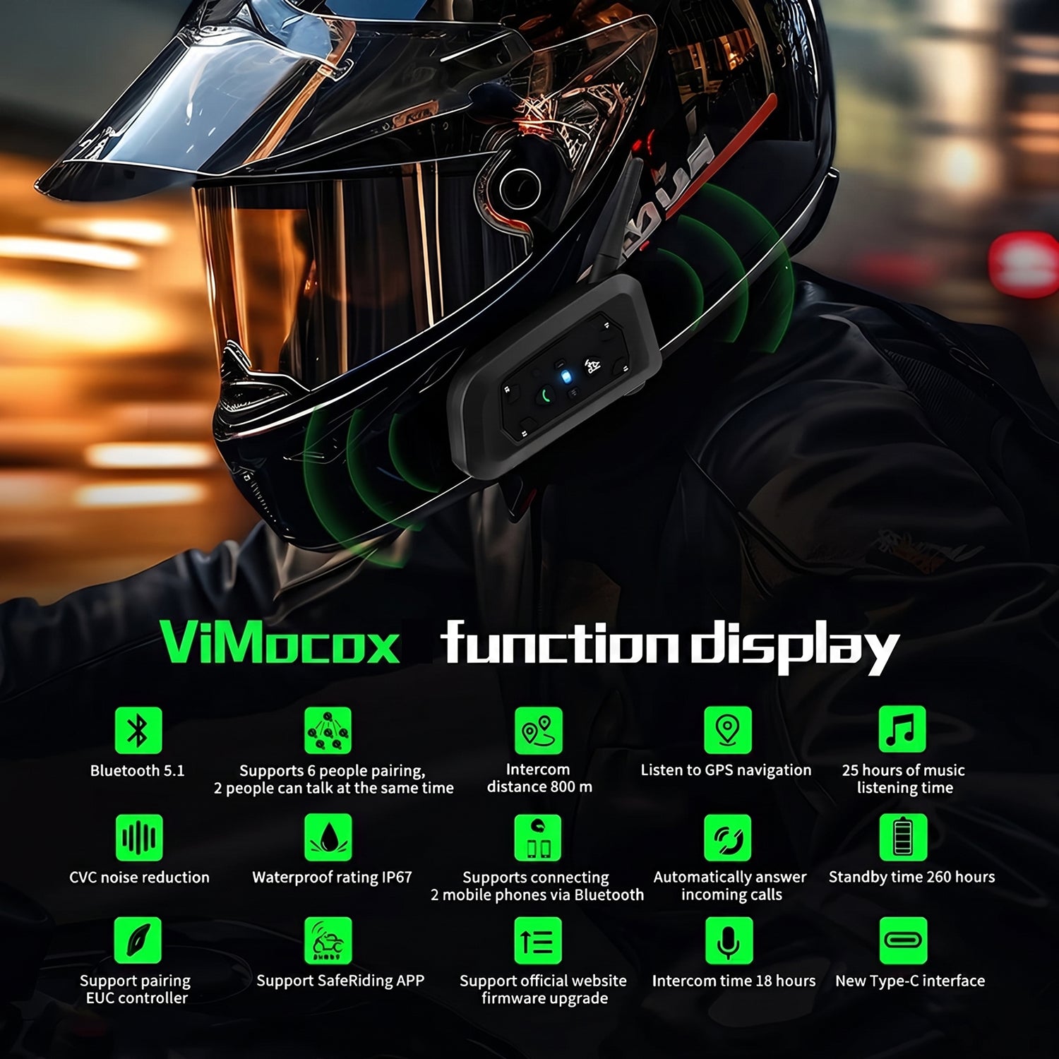 ViMocox Motorcycle Bluetooth Intercom 800m Range IP67 Waterproof 6-Rider Headset