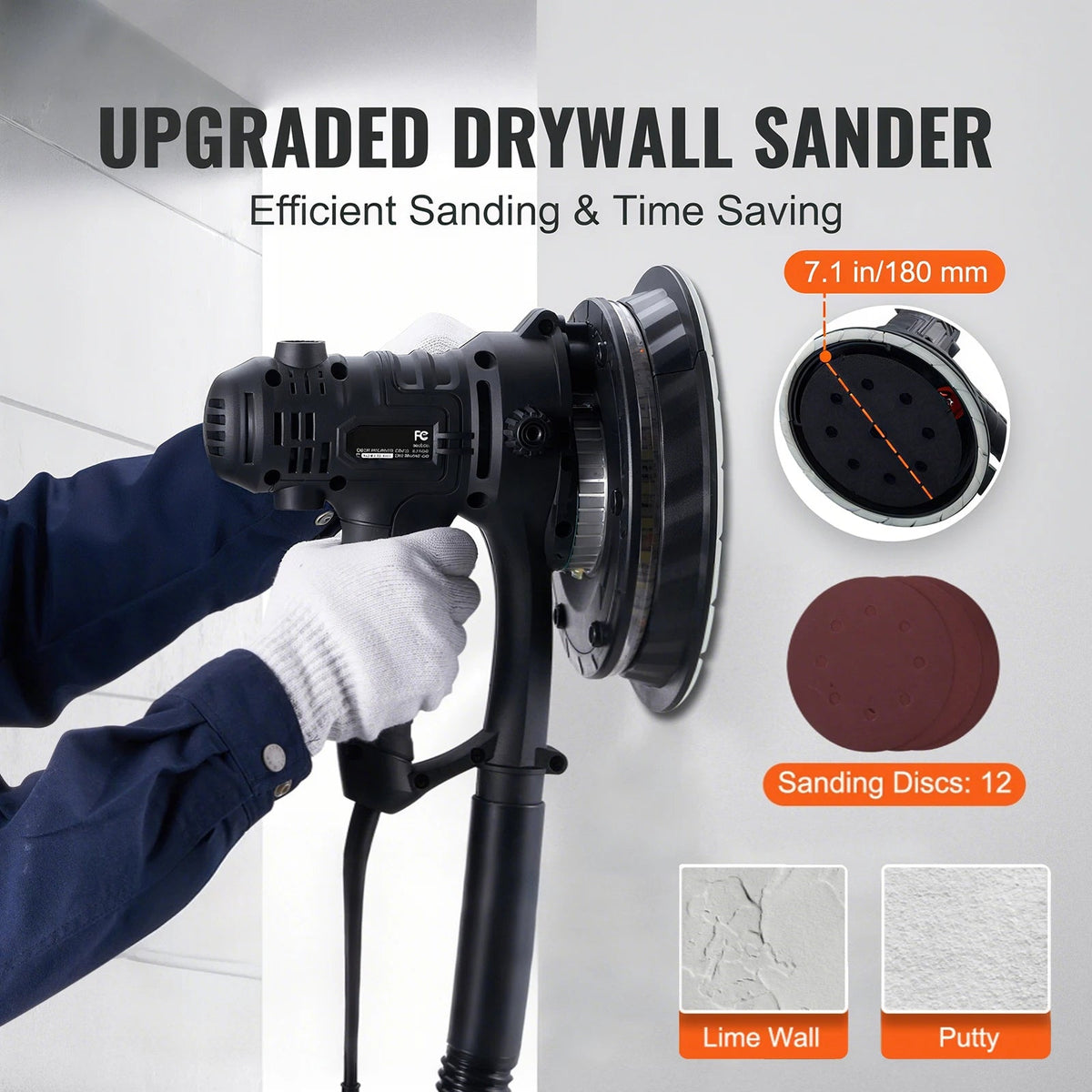 Electric Drywall Sander with Vacuum Dust Collection Attachment for Wall & Ceiling Sanding